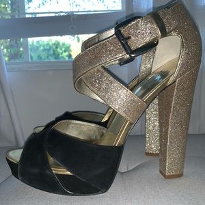 Aqua gold & black platform sandals. Gorgeous!